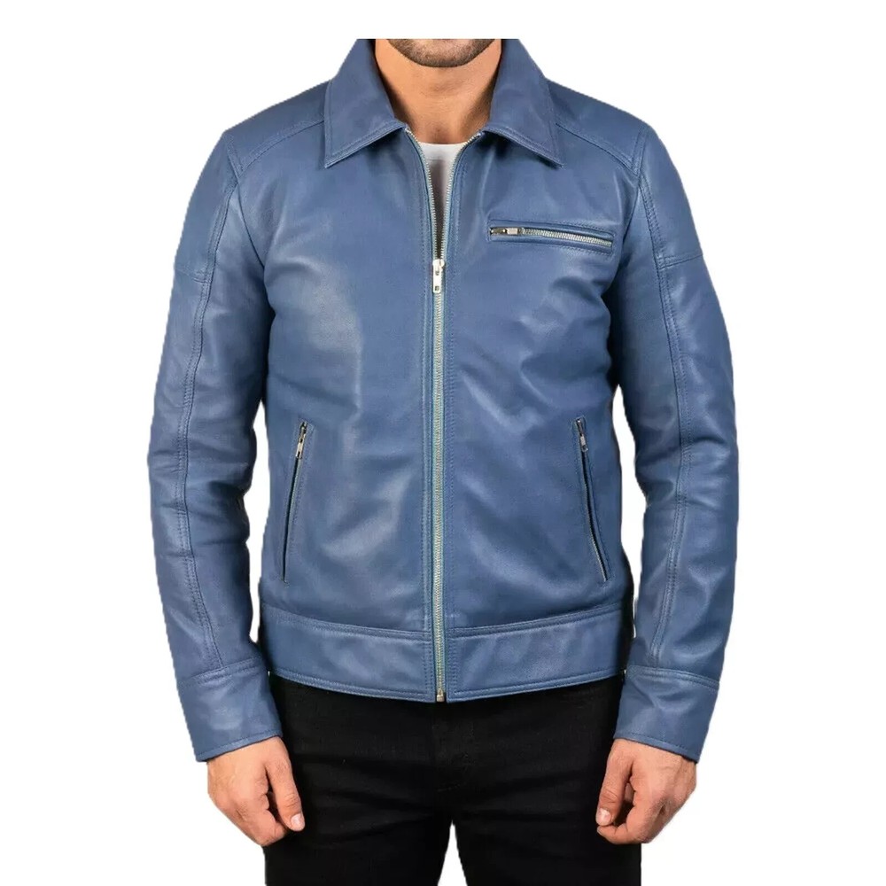 Men's Blue Leather Jacket 100% Real Lambskin Leather Moto Biker Classic Jacket