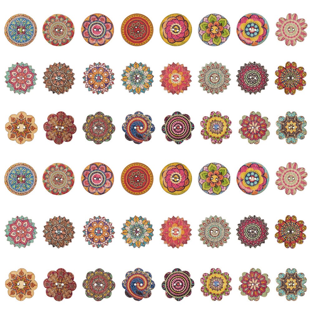 300pcs Printed Wooden Buttons 2-Hole Mixed Pattern Colorful Flower Sewing 20mm
