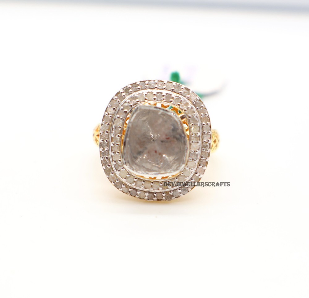 925 Sterling Silver Rose Cut Polki Pave Diamond Gold Plated Ring