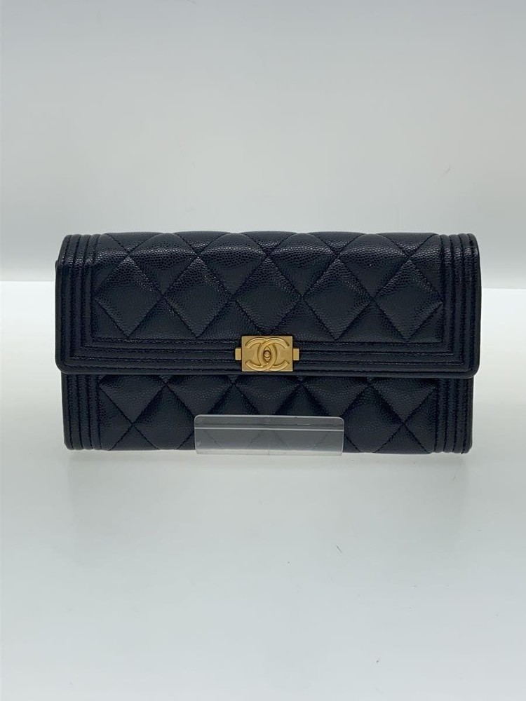CHANEL Boy Flap Wallet Matelassé Caviar Leather CC Black Pre-Owned
