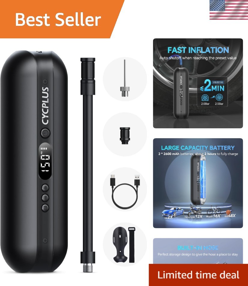 Electric Air Compressor Portable Bicycle Pump Car Tire Inflator, Max 150 PSI,...