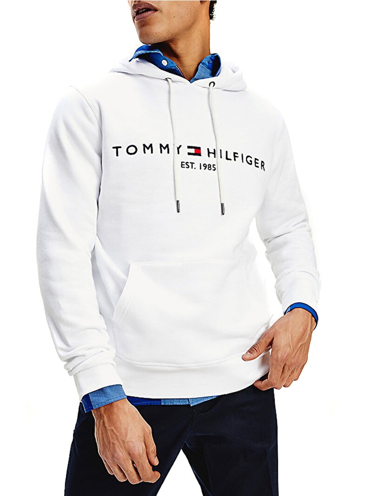 Tommy Hilfiger Men White Heavyweight Logo Hoodie Sweatshirt
