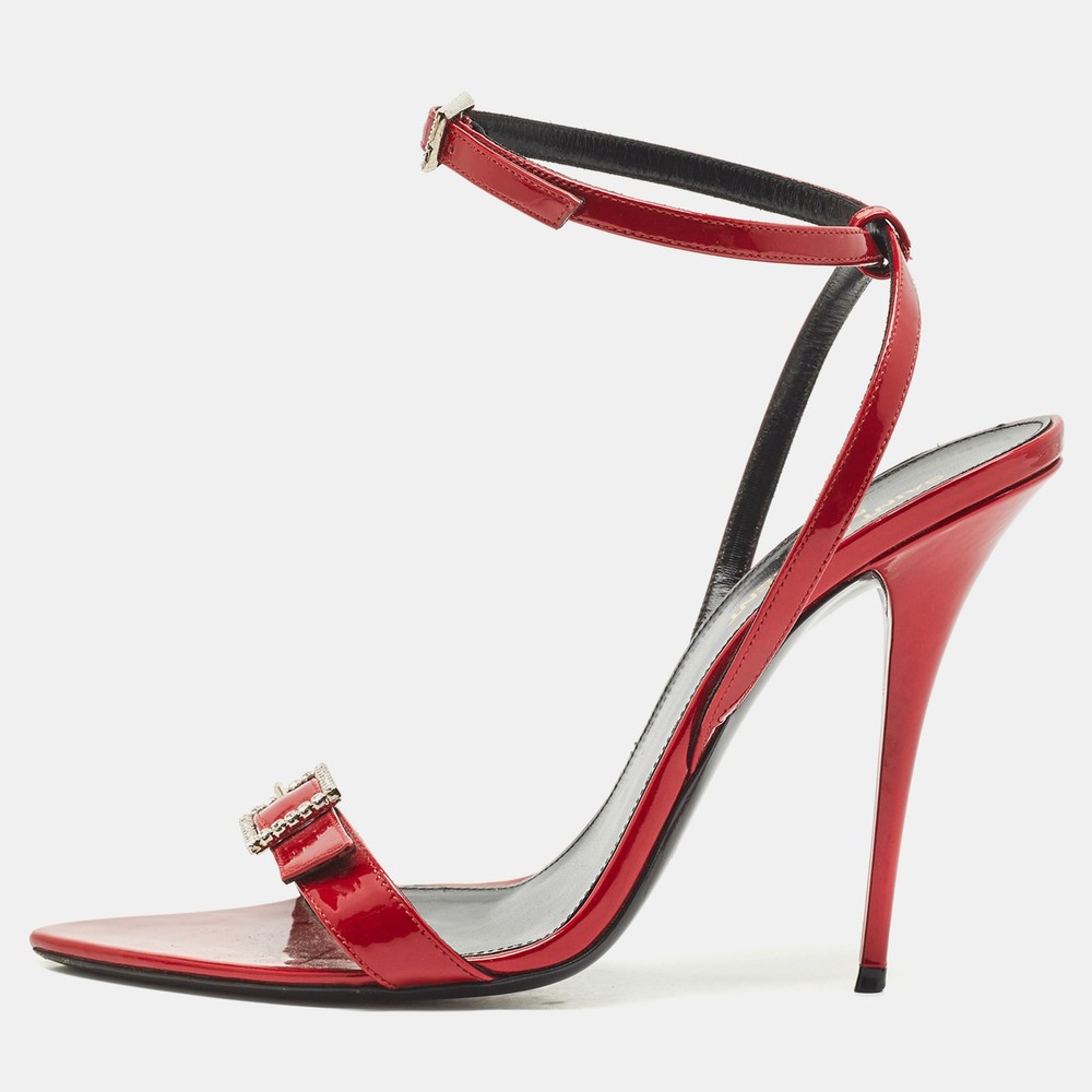 Saint Laurent Red Patent Leather Ankle Strap Sandals Size 39 EU