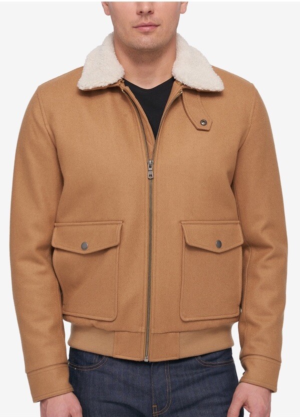 Tommy Hilfiger Mens Tan Medium Wool Blend Bomber Jacket with Removable Sherpa Collar