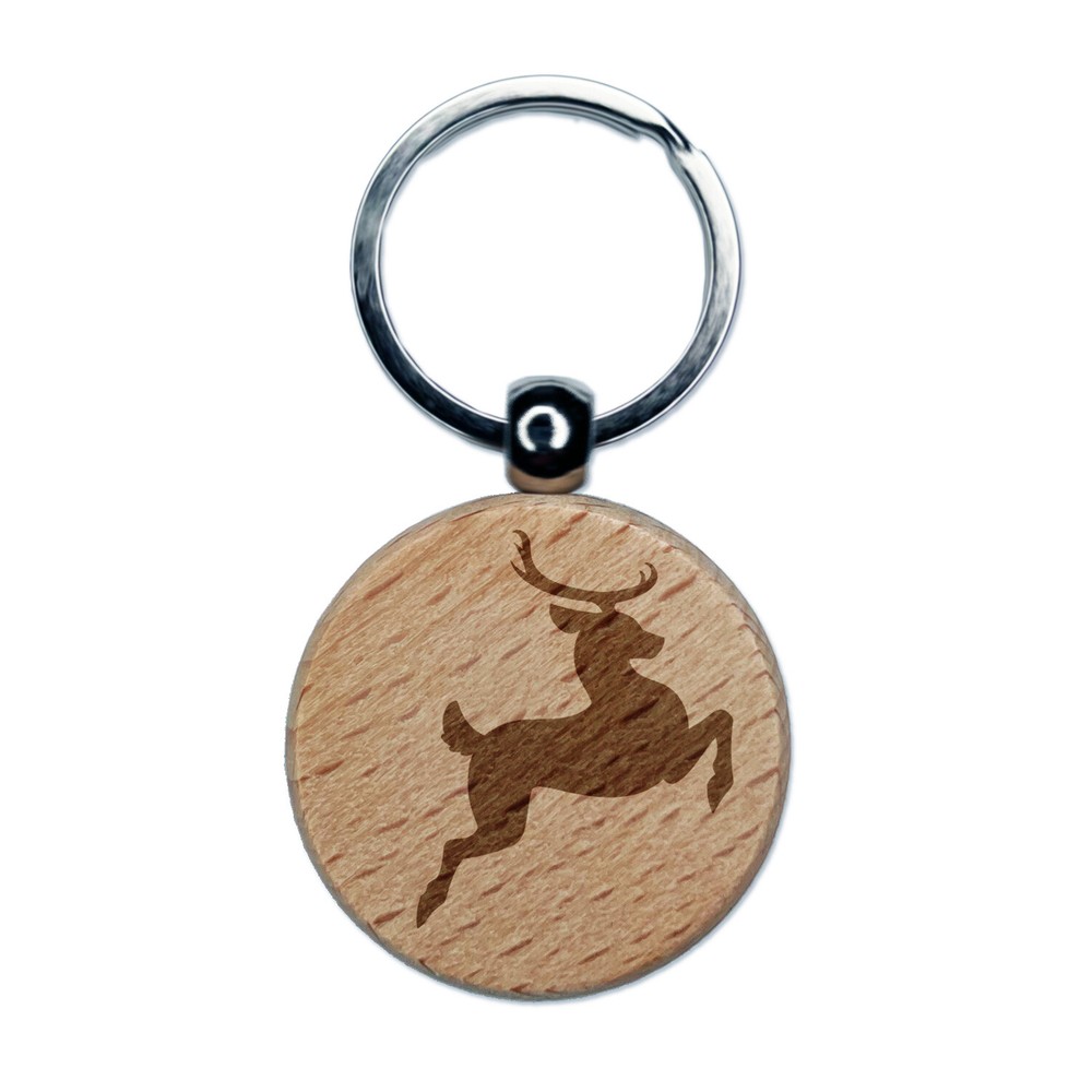 Flying Reindeer Silhouette Engraved Wood Round Keychain Tag Charm