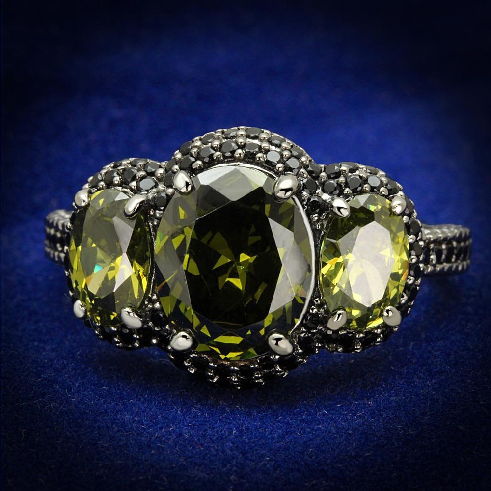 Peridot ring jet black green three stone oval Ruthenium sterling silver