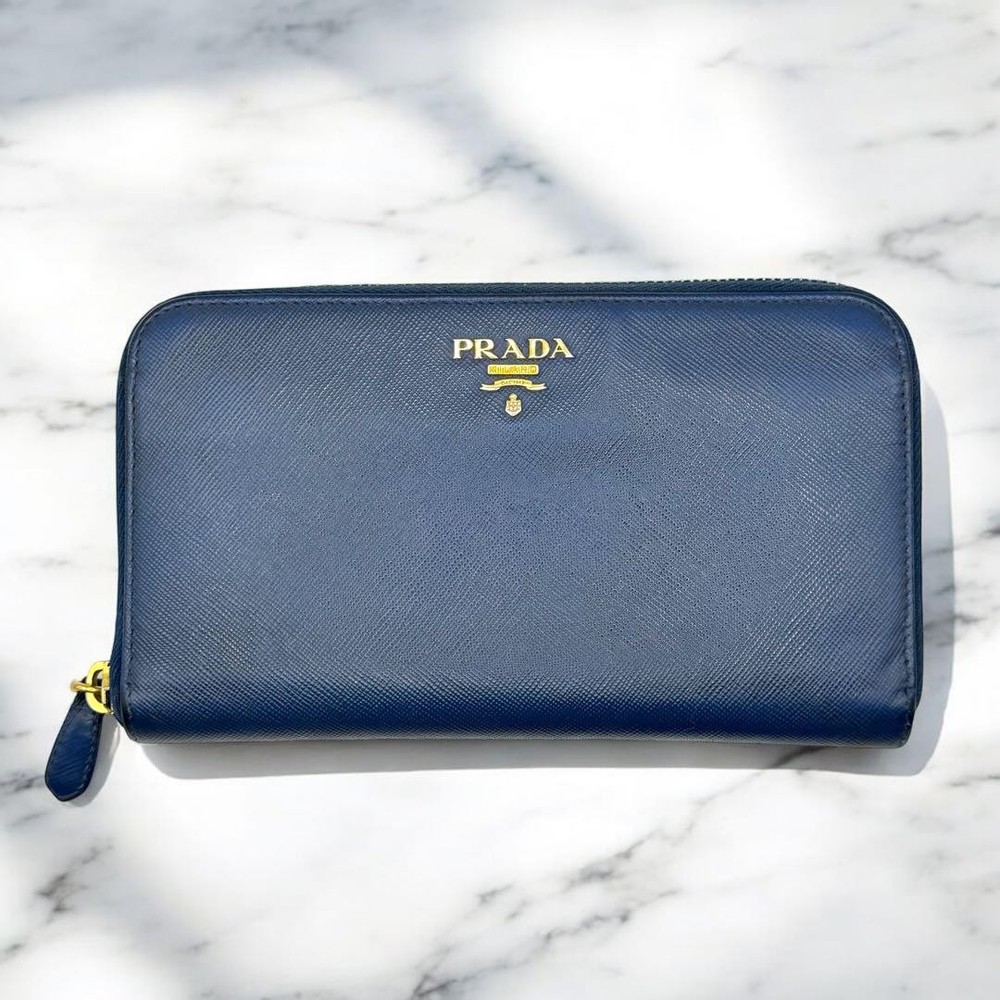 Prada Blue Saffiano Leather Round Zip Long Wallet