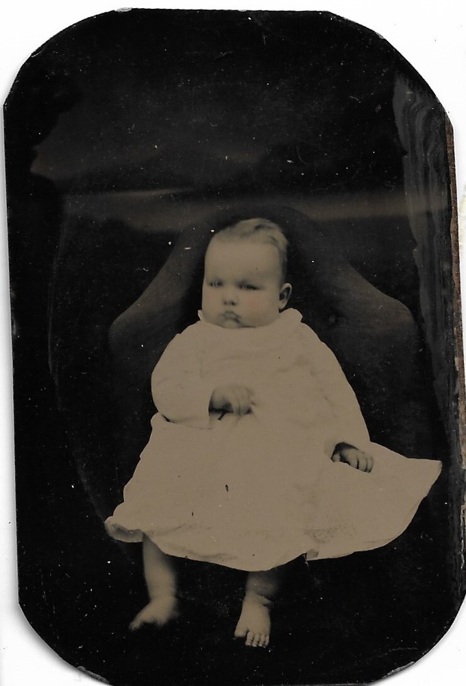 Wonderful Victorian Tintype Photograph Small Girl Wearing White Dress  Ca 1870s