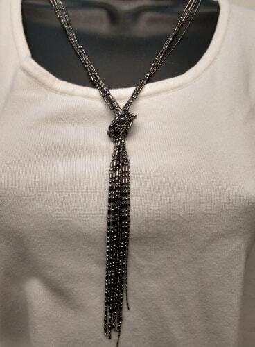 ALFANI Sparkle Knot Neck Tie Multi Strand Chain Dangle Necklace Gunmetal $36