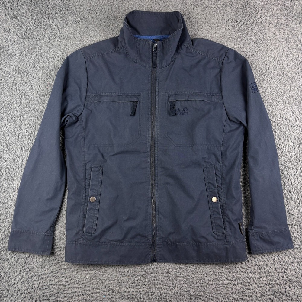 Jack Wolfskin Mens Medium Navy Blue Raincoat with Utility Pockets for Outdoor Adventures