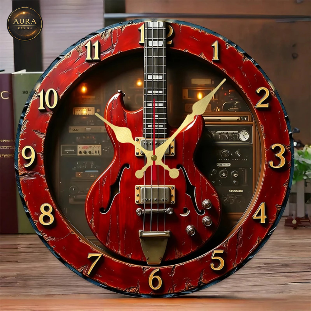 Modern 25cm Wall Clock - Vintage 2D Home Guitar Design