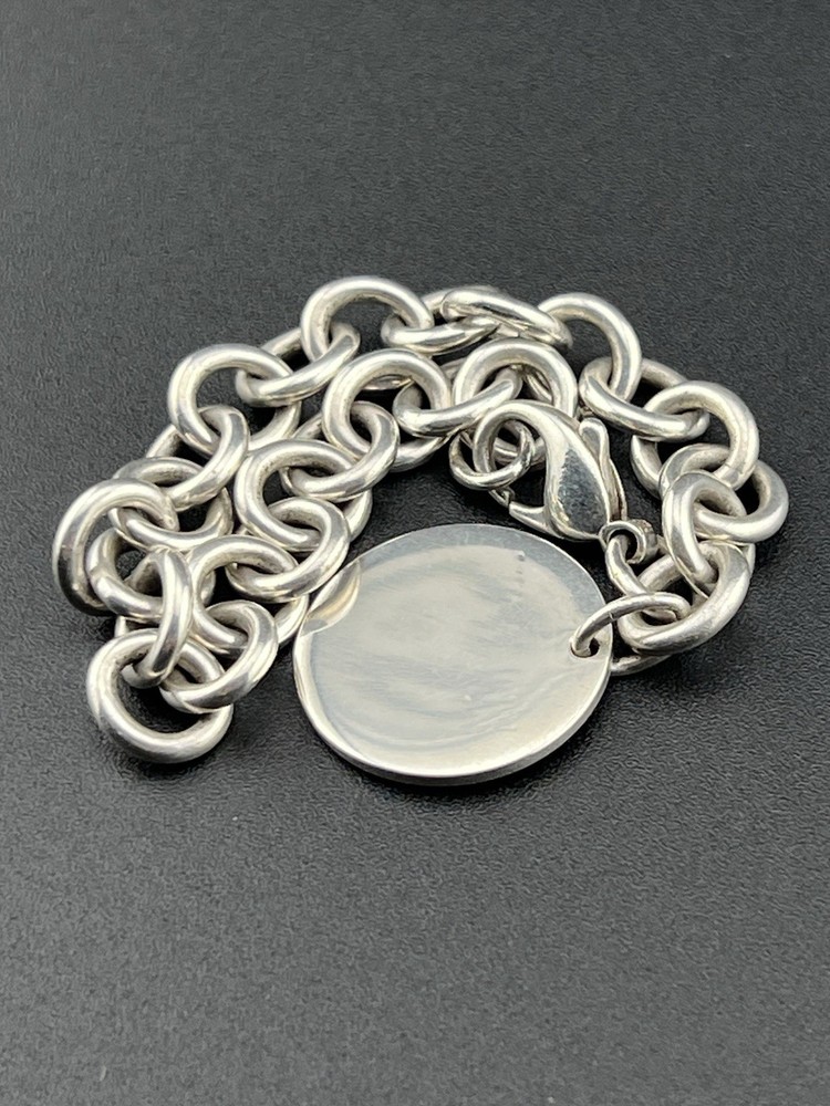 Tiffany & Co Sterling Silver Engravable Charm Bracelet with 7in Cable Chain 35g