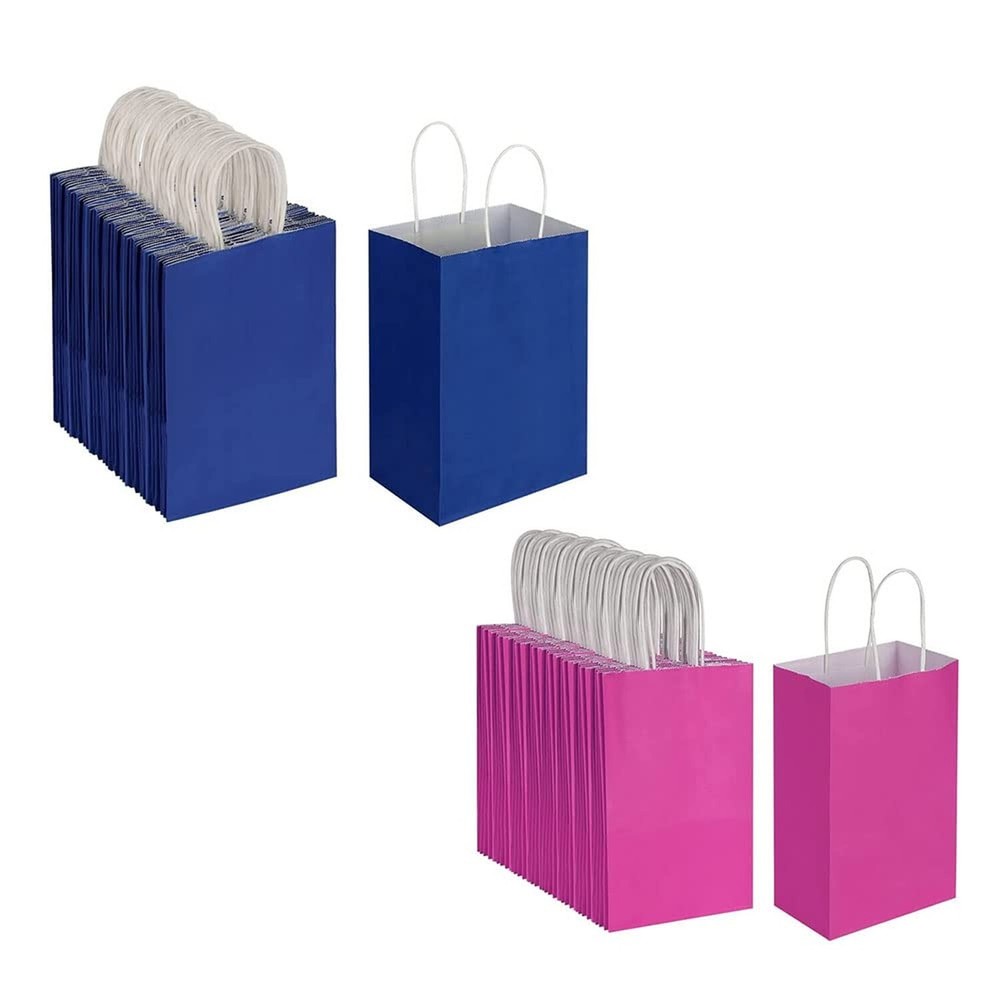 Oikss Each 100 Pack Small Blue & Fuchsia Kraft Paper Gift Bags with Handles B...