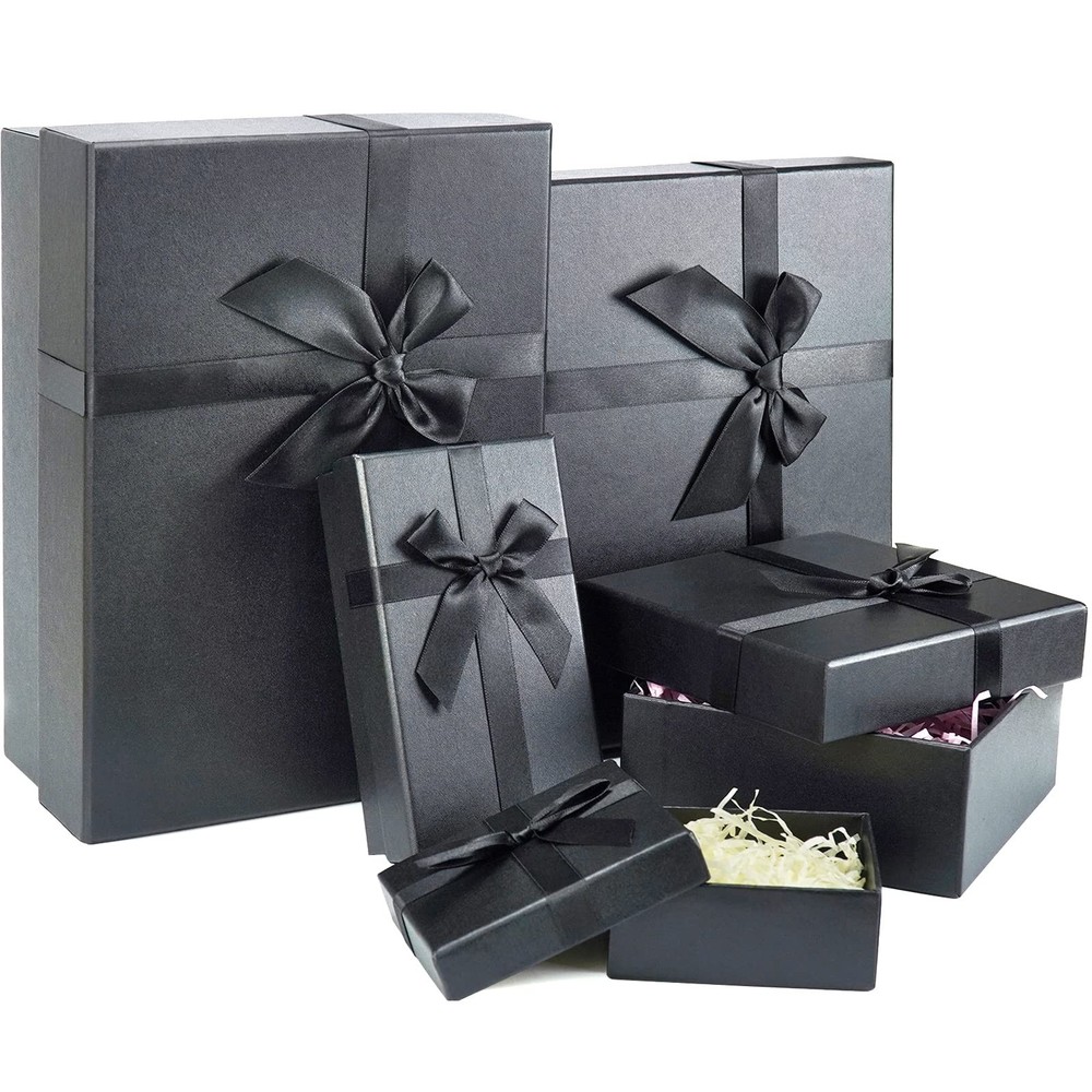 Gift Boxes with Lids for Presents, Black Gift Box with Ribbon, Pre-warpped Ne...