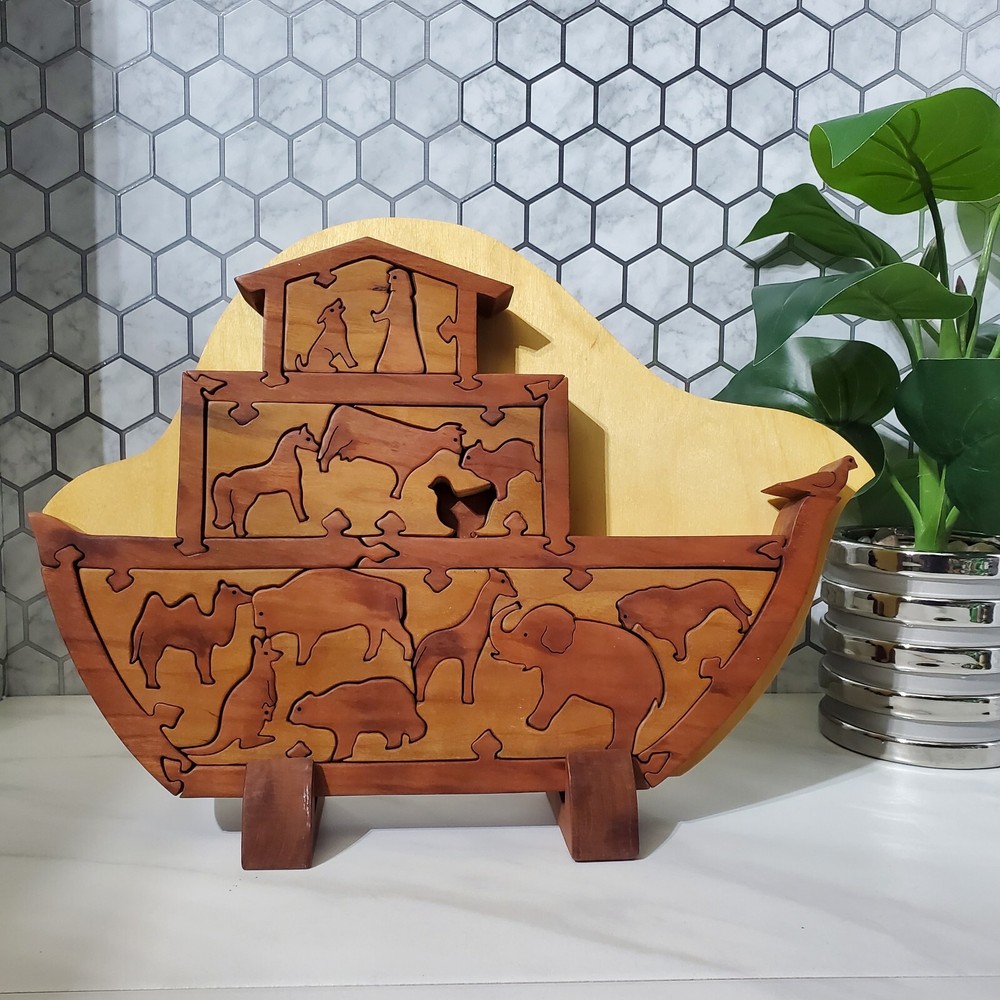 Noah's Arc Two by Two Wooden Art Animal Puzzle with Backplate & Stand