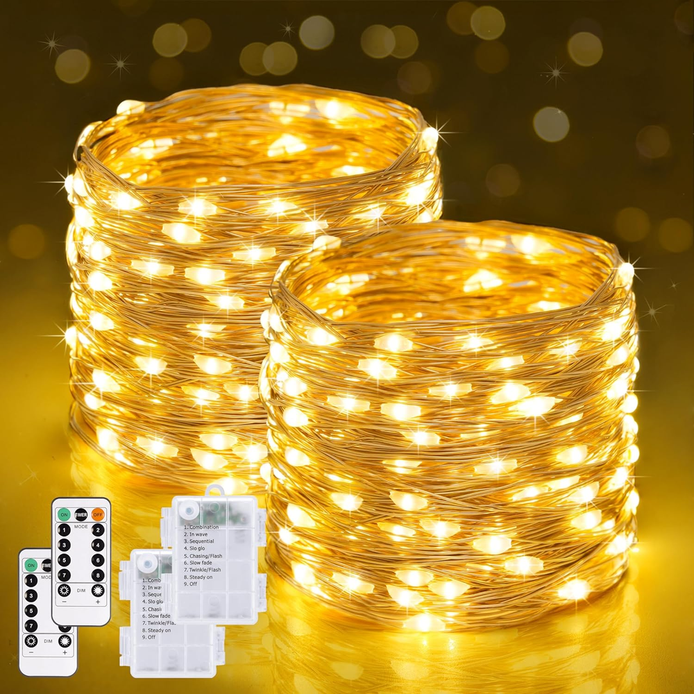 2 Pack Fairy Lights Battery Operated with Remote, Total 400 LED 132Ft Battery Po