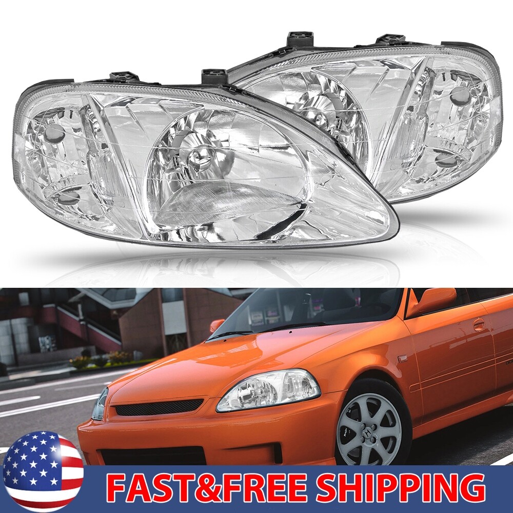 For 1999-2000 Honda Civic DX Si EX EX-R Headlights Pair Chrome Amber Lamps LH RH