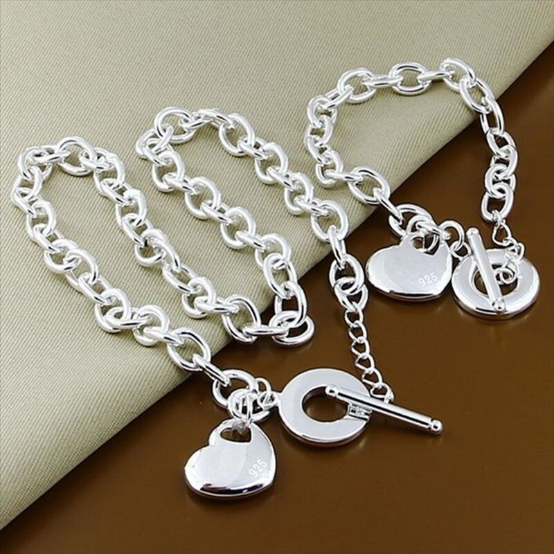 925 Sterling Silver Filled Heart Pendant Necklace Bracelet Women Jewelry Sets