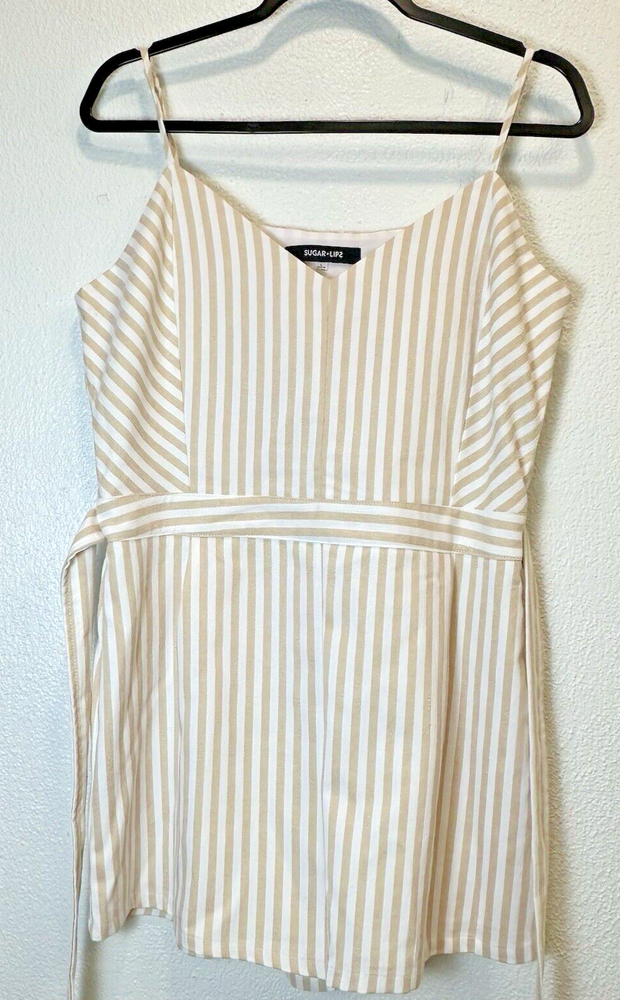 Sugarlips Womens Tan White Striped Romper with Bow Tie Waist in Size Large