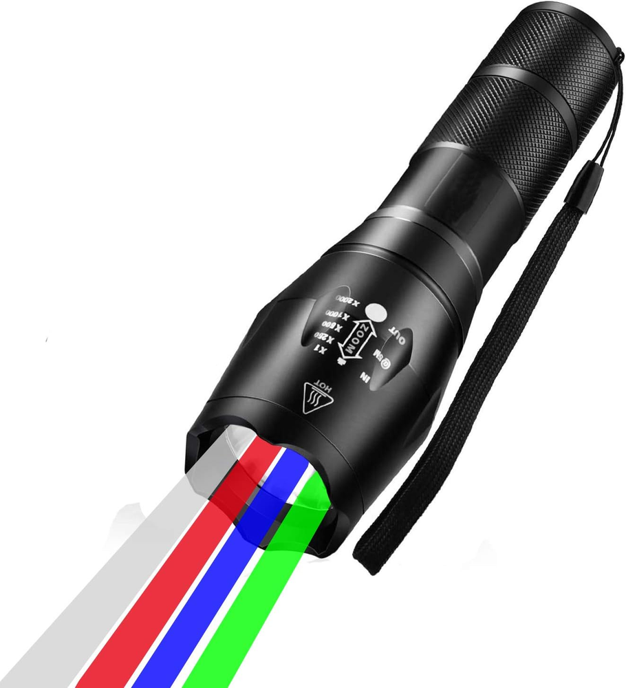 4 in 1 Multicolor Flashlight, 300 Lumen Zoomable One Mode White Red Green Blue L