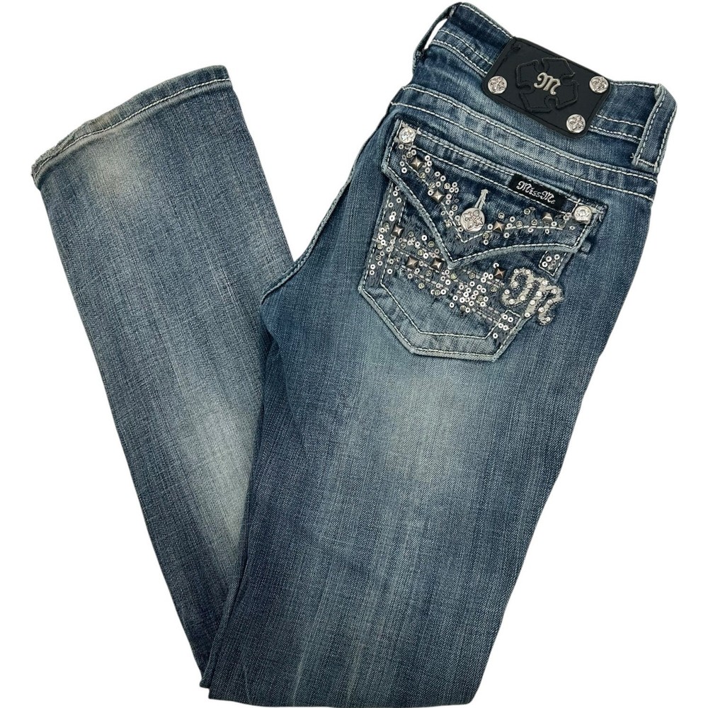Vintage y2k women's lowrise sequin Miss Me Bootcut blue denim jeans JE8007BR