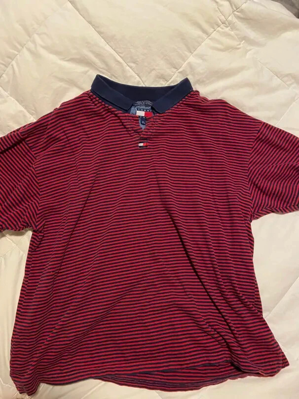 Vintage Tommy Hilfiger Striped Red & Navy Polo Shirt Size  XL Short Sleeve Baggy
