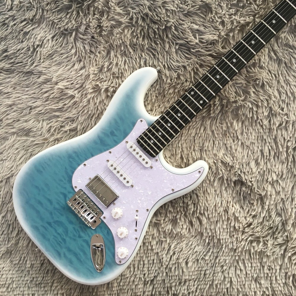 Blue Quilted Maple Top Electric Guitar SSH Pickups Solid Body White Pickguard