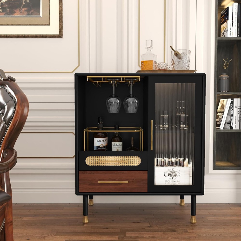 Black Modern Coffee Bar Cabinet with Wine Rack & Storage Drawers