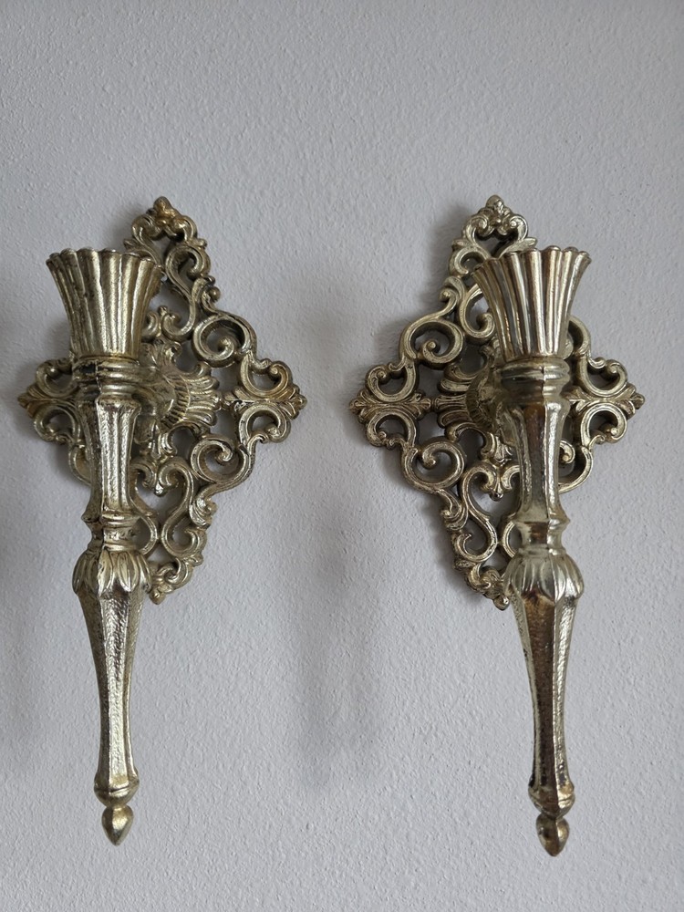 Vintage Hollywood Regency Wall Sconce Candle Holder Cast Metal Gold Set of 2