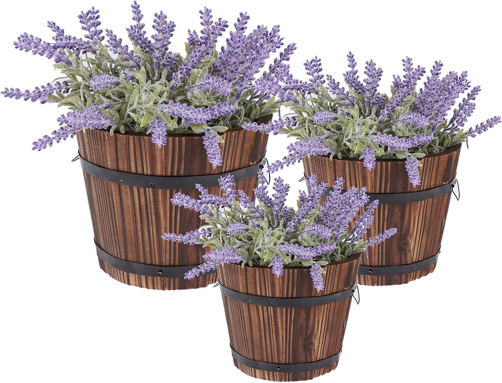 3 Pcs Rustic Wooden Barrel Planters with Succulent Pot for Indoor Outdoor Use - Burnt Wood Design