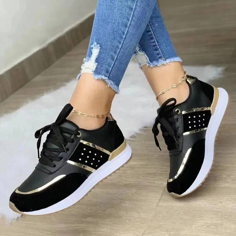 Sneakers Women Shoes Lace-Up Running Shoes Autumn Spring Leather Patchwork Shoes