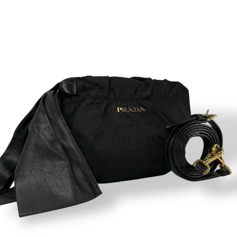 Prada Black Nylon Shoulder Bag with Gold Embroidered Logo Ribbon