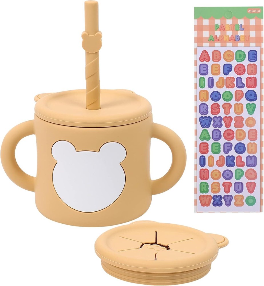 Silicone Baby Cups with Straw & Snack Cup Lid, 3-in-1 Infant Sippy Natural