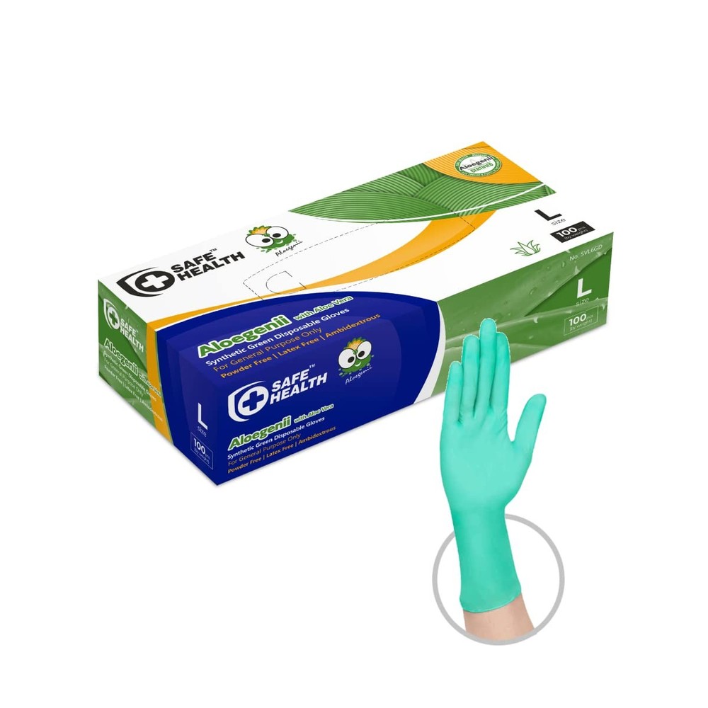 Aloegenii HD Green Vinyl Disposable Gloves with Aloe Vera Coating 5.5 mil Box of 100