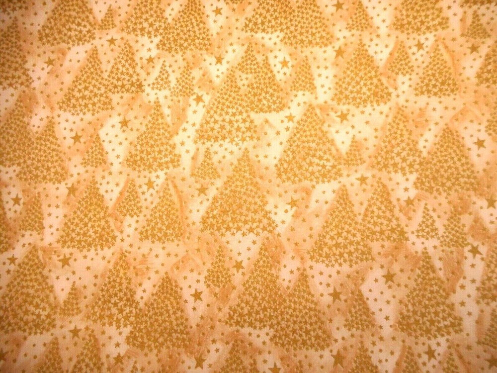 Christmas Fabric 1 5/8 Yard Metallic Gold Trees on Ivory Premium Cotton #23 Vtg