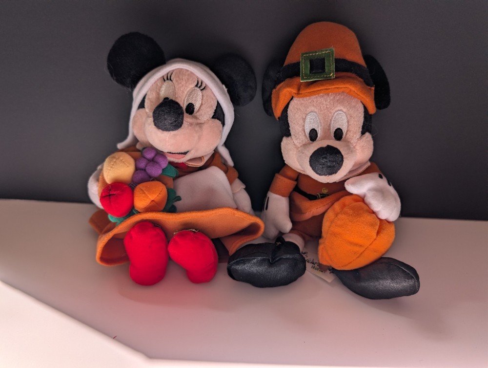 Pilgrim Mickey Minnie Walt Disney Bean Plush Set (Partial Tag) Rare Thanksgiving