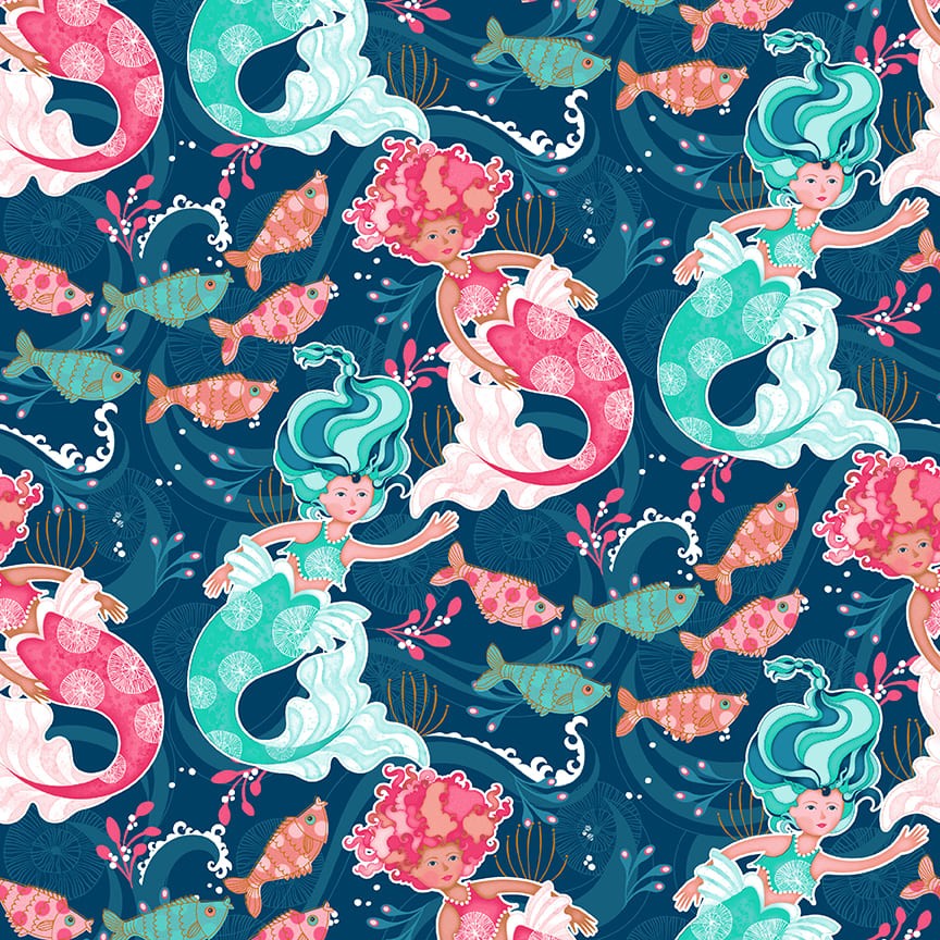 Nautical Fabric | Mermaid Tails Fish Ocean Scene Blue Pink | Studio E YARD