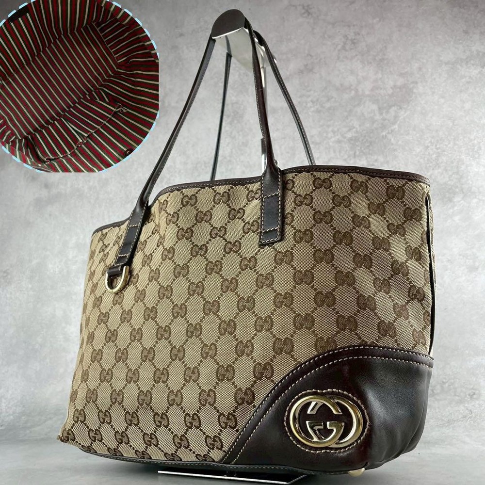 Gucci GG Monogram Canvas Tote Bag in A4 Size with Gold Leather Accents Pre-Owned