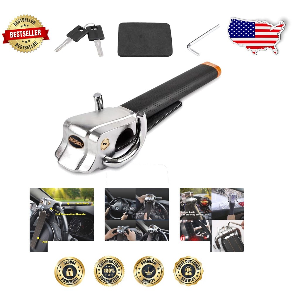 Alloy Steel Anti-Theft Steering Wheel Lock with Escape Hammer - 2 Keys Included