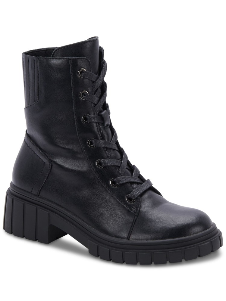 AQUA COLLEGE Womens Black Up Perel Round Toe Block Heel Leather Combat Boots 7 M