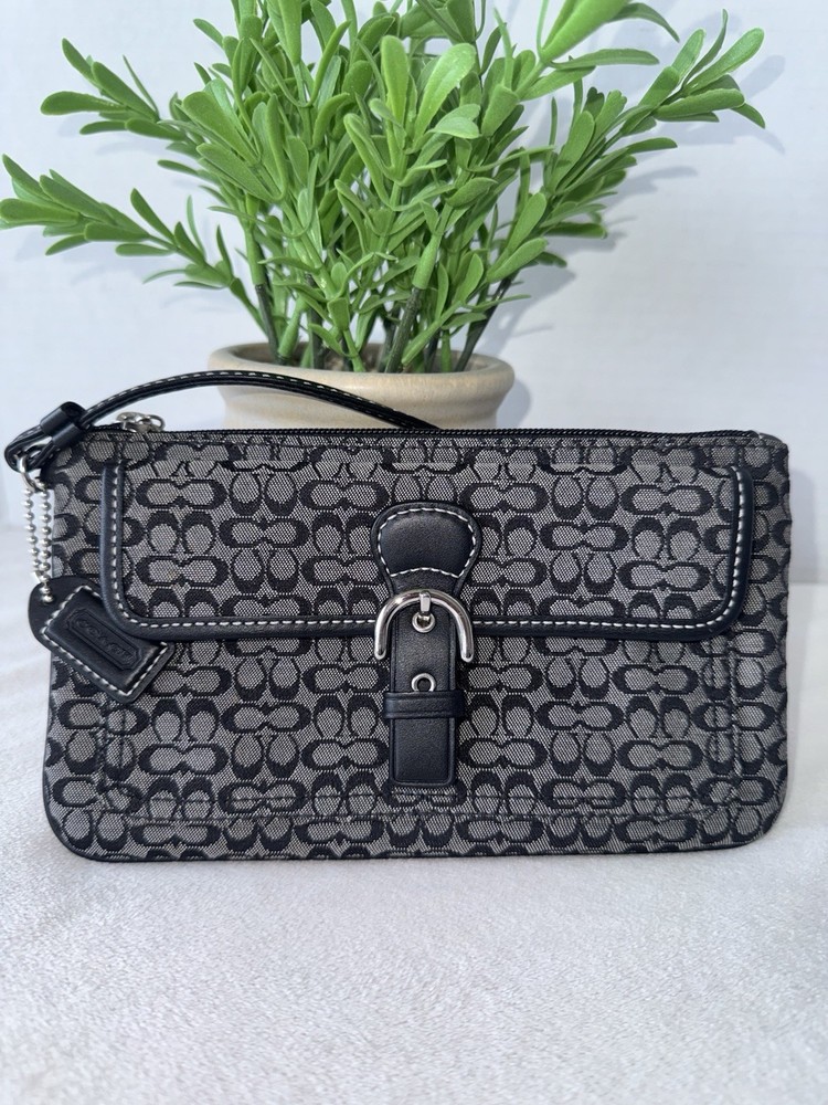 Vintage Coach Soho Mini Black Gray Logo Wristlet Buckle Flap Bag