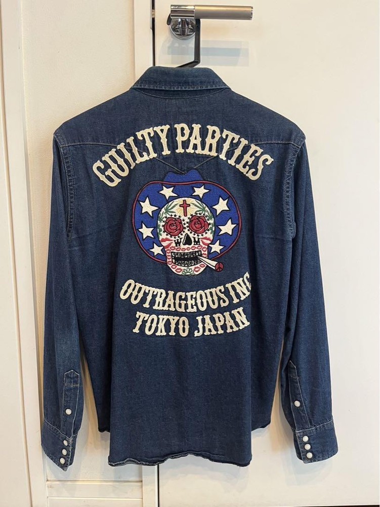WACKO MARIA Embroidered Skull Denim Shirt in Navy Size M