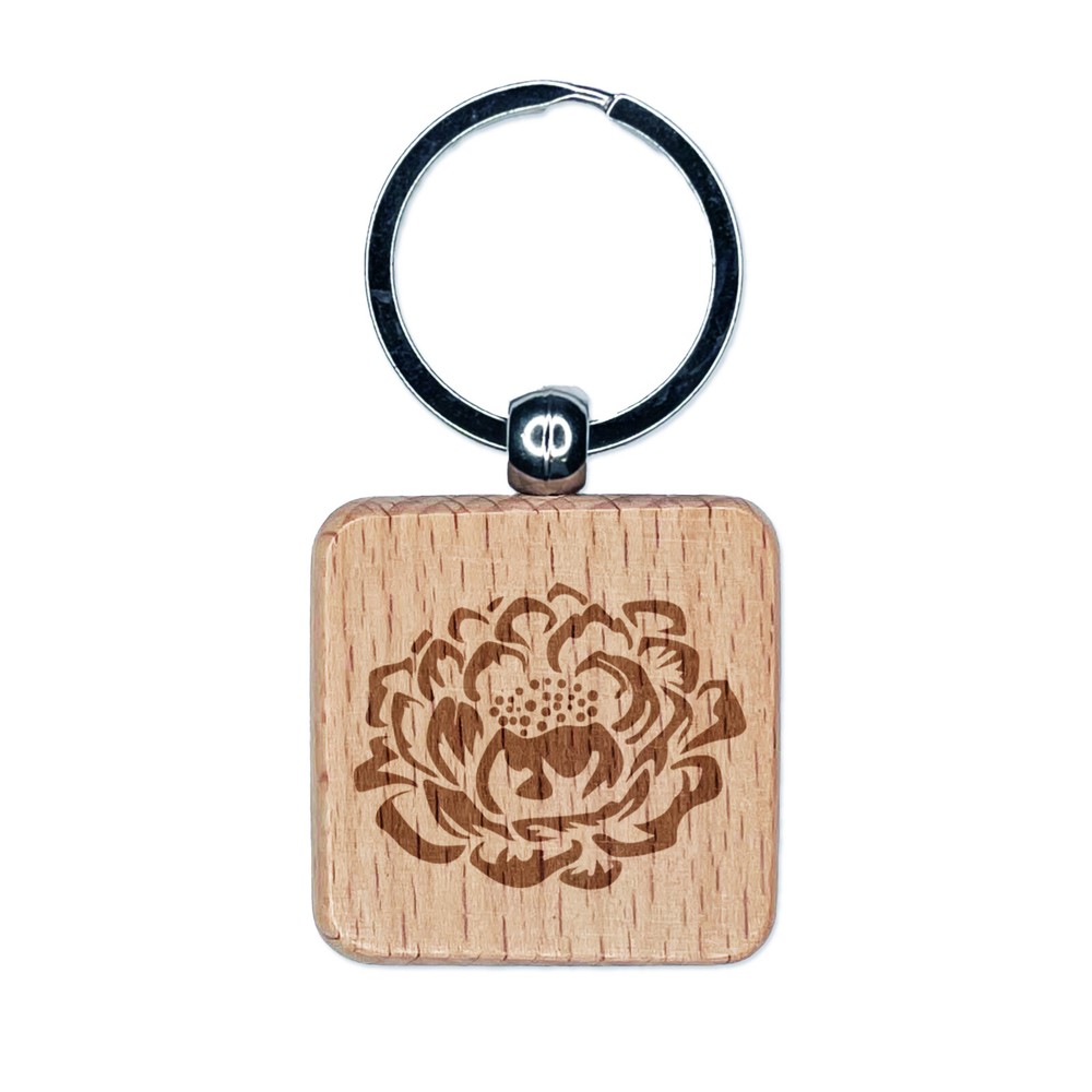 Single Peony Flower Engraved Wood Square Keychain Tag Charm