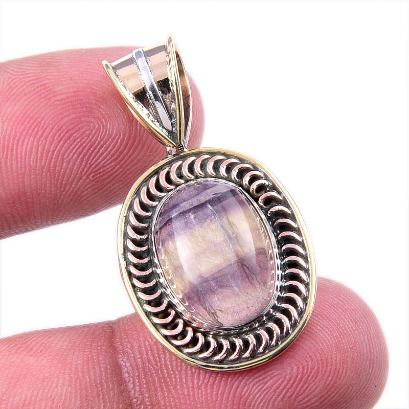 **Natural Fluorite Pendant in 925 Sterling Silver with Two-Tone Design (1.5 Inches)**  