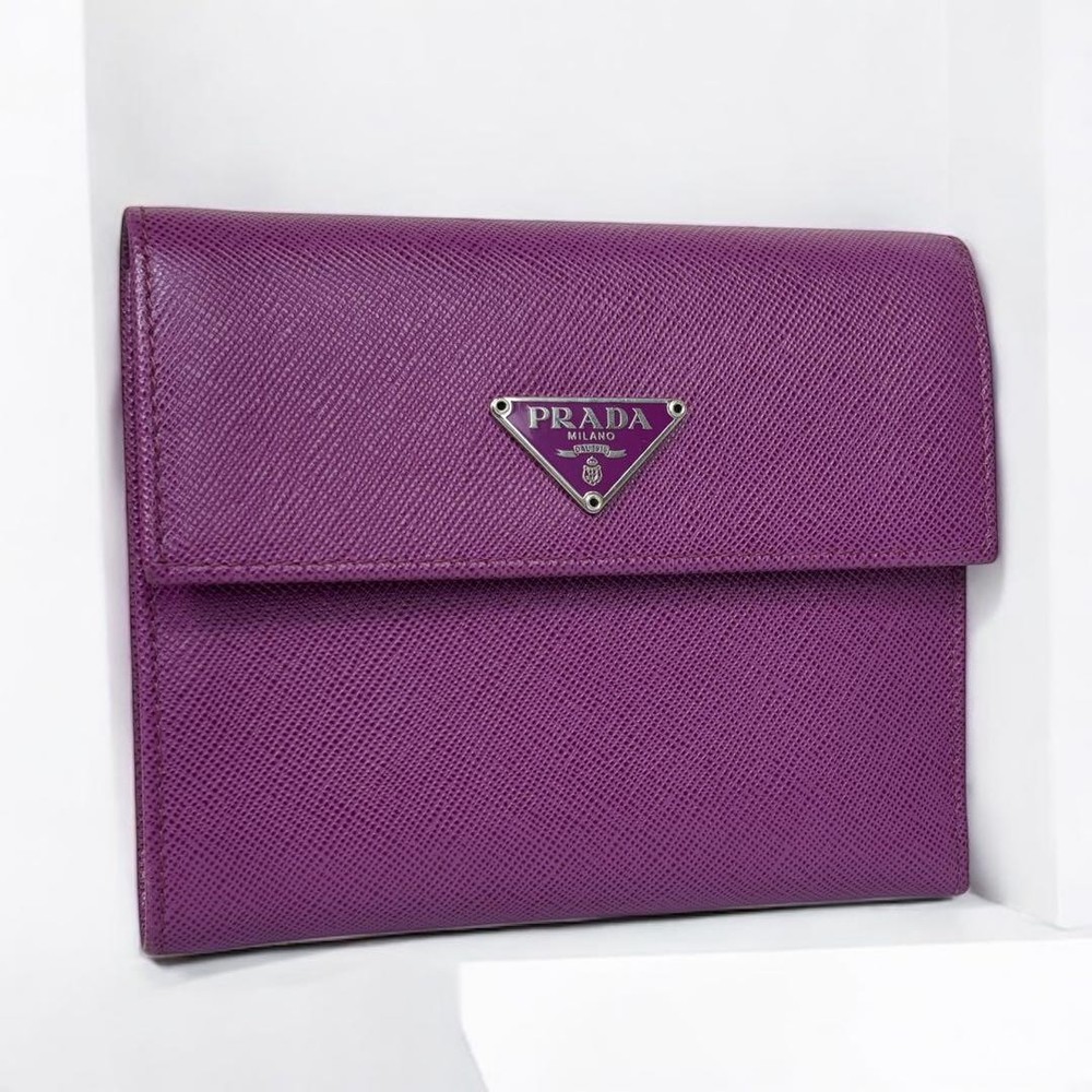 Prada Saffiano Leather Triangle Plate Wallet Purple Card Holder