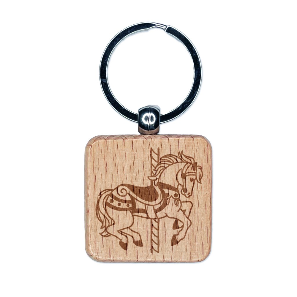 Fancy Carousel Horse Merry-Go-Round Engraved Wood Square Keychain Tag Charm
