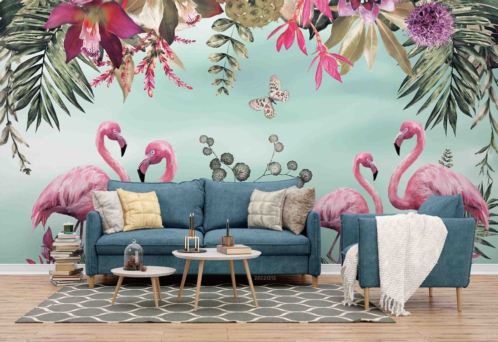 3D Tropical Floral Leaf Flamingo Wall Murals Wallpaper Murals Wall Sticker