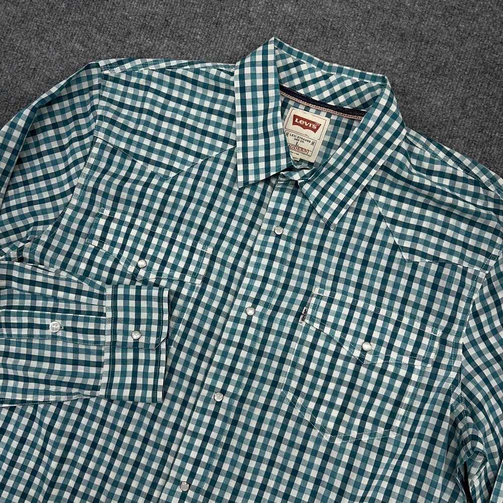 Levi’s Shirt Mens L Large Blue Check Plaid Western Long Sleeve Pearl Snap Pocket