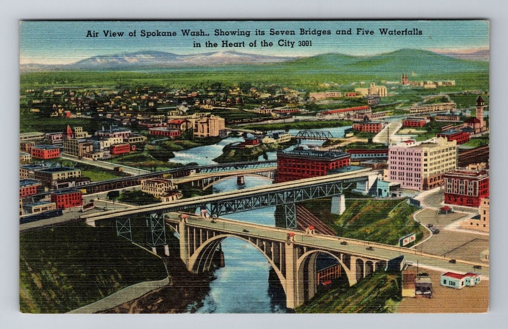 Spokane WA-Washington, Aerial Showing Seven Bridges Waterfalls Vintage Postcard