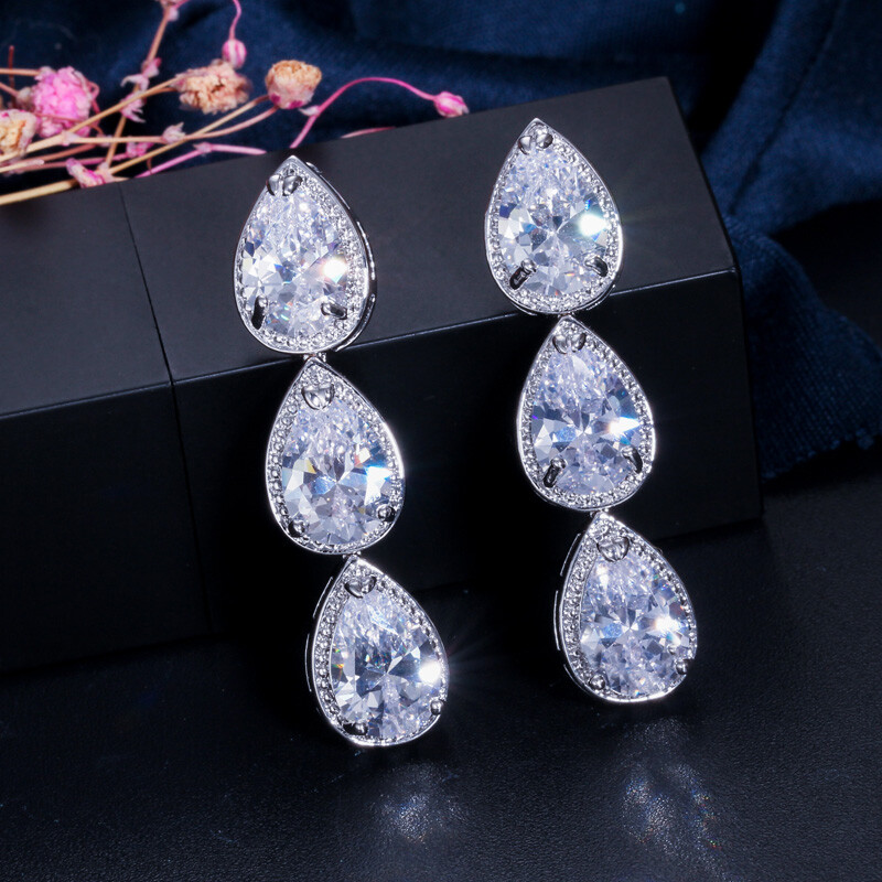White Gold CZ Teardrop Dangle Earrings for Women Elegant Party Jewelry